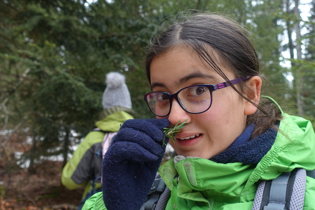 une jeune fille à lunette en train de sentir une branche de sapin